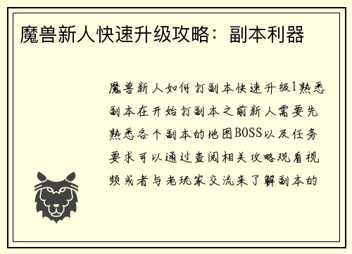魔兽新人快速升级攻略：副本利器